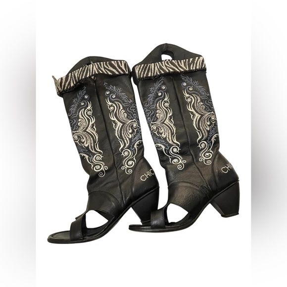 Chickickers Boots Sz 8 Black Leather Embroidered Floral Open Toe Western - Picture 4 of 16